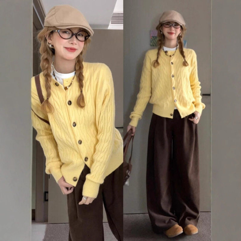 高级感黄色针织毛衣外套女春2026新款慵懒风外搭开衫短款小上衣