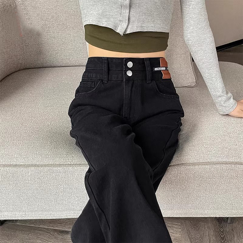 高街ins时髦显瘦阔腿牛仔裤女装春款高腰双排扣设计感直筒长裤