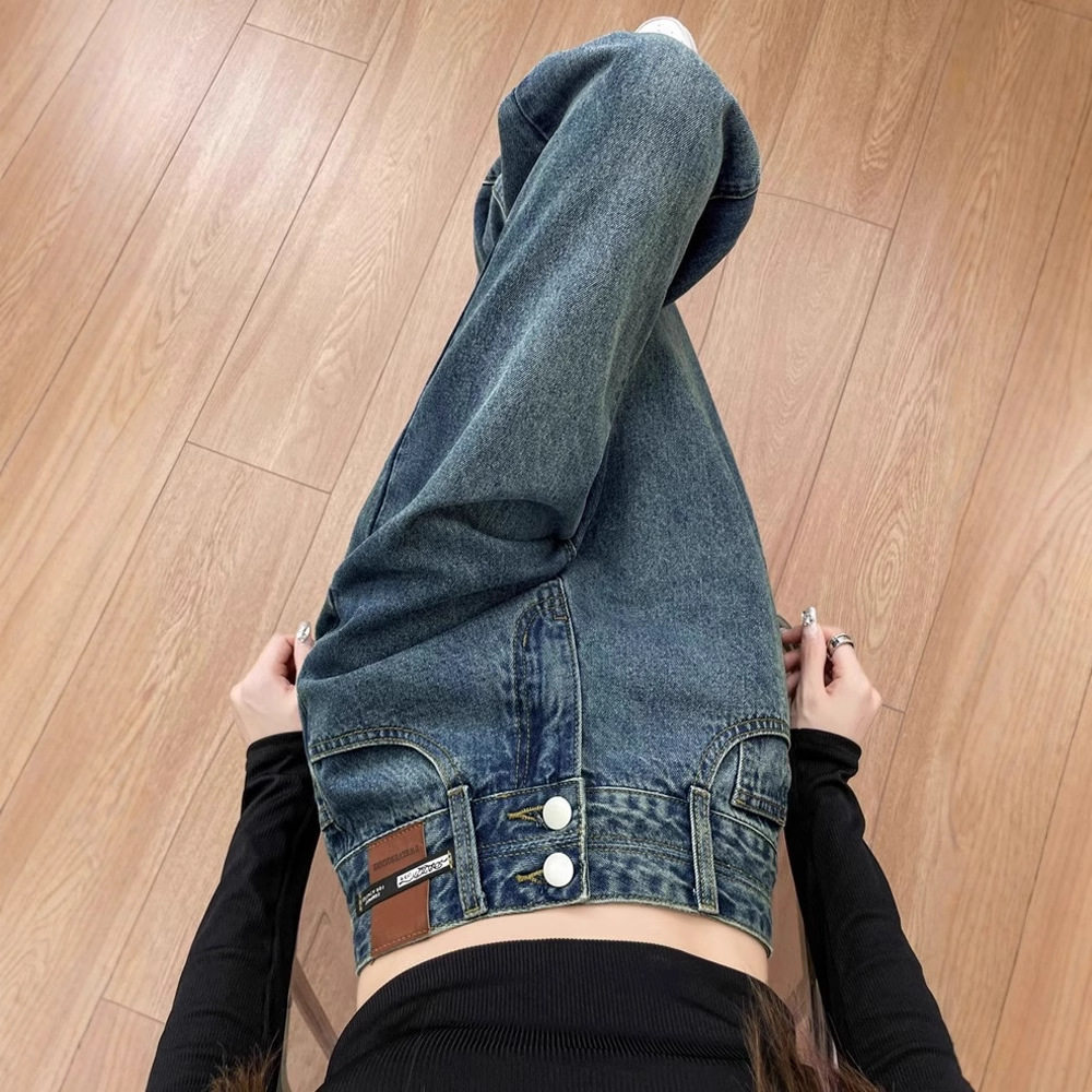高腰窄版阔腿牛仔裤女2026春季新款大码胖mm显瘦宽松直筒拖地长裤