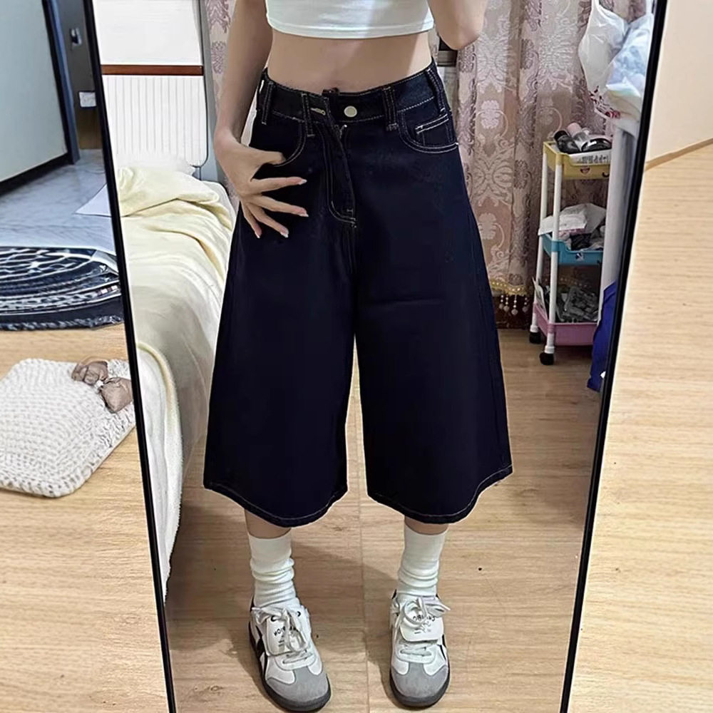 大码深蓝七分阔腿裤女夏季薄款牛仔裤高腰显瘦直筒宽松休闲ins裤