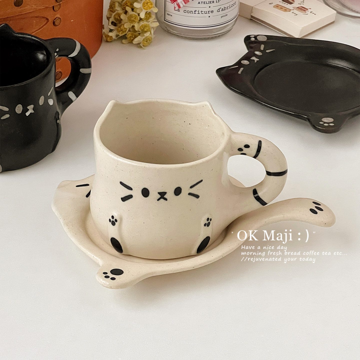 猫咪陶瓷咖啡杯碟套装创意可爱马克杯高颜值杯子陶瓷釉下彩早餐杯