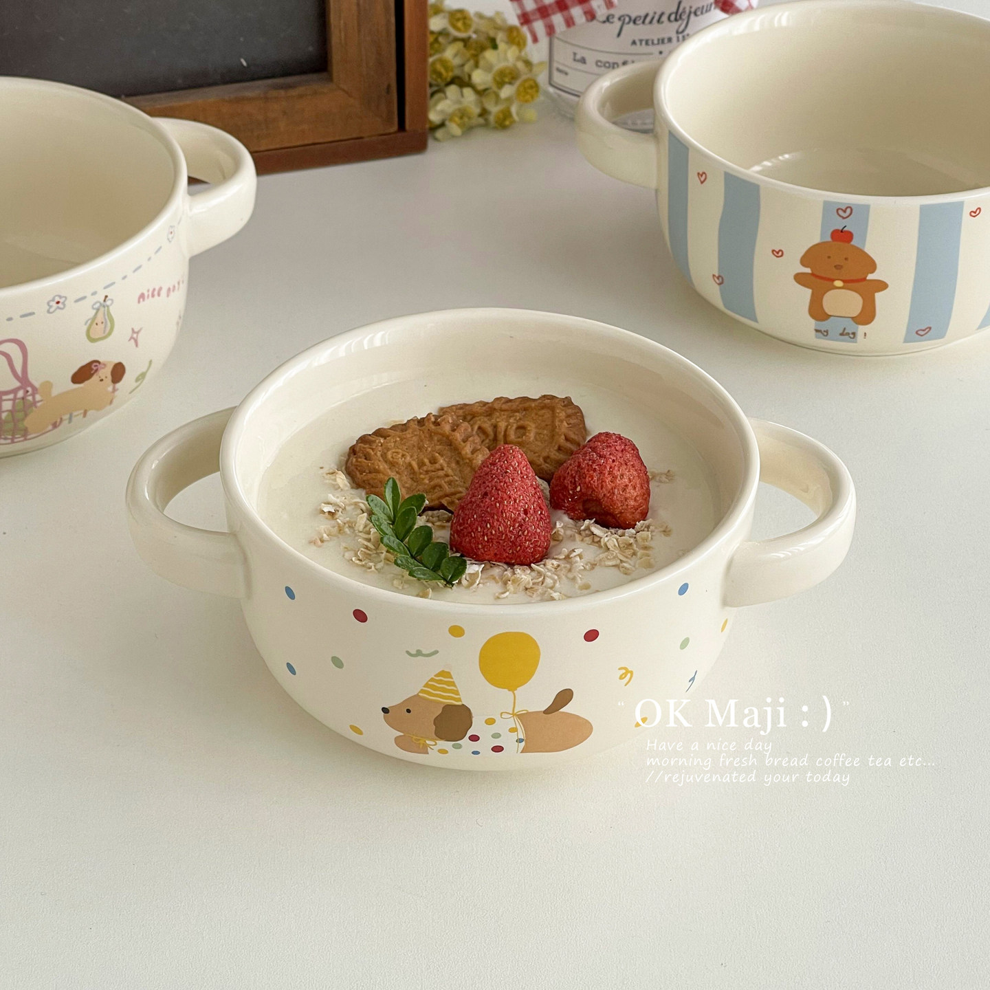 漂亮酸奶碗ins风家用燕麦早餐碗儿童陶瓷麦片碗带手柄可爱双耳碗