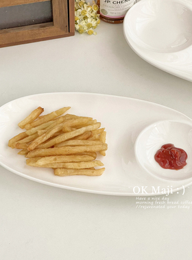 ins风白色椭圆盘子陶瓷长盘寿司薯条饺子盘带醋碟子点心蘸酱料碟