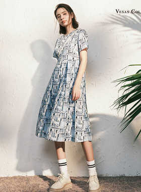 vesas collection D1318蓝色波普图形连衣裙
