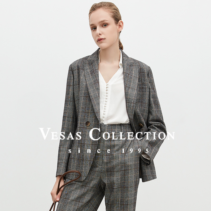 格纹长袖西装上衣格纹复古