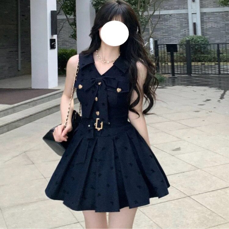 法式学院风无袖蓝色连衣