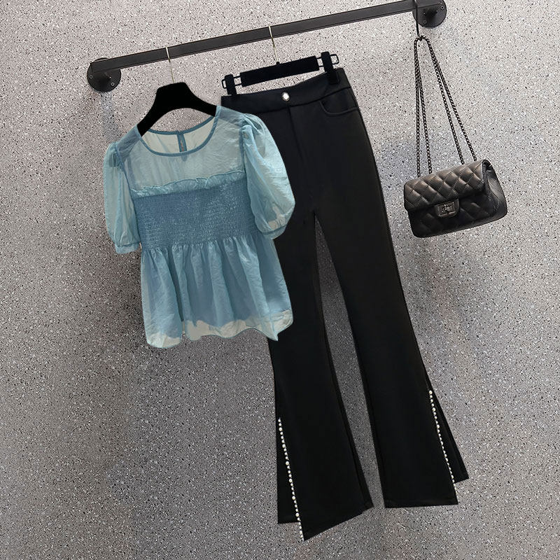 2022년 신작 여름 한국식 패셔너블한 여성용 반팔 시폰 셔츠 패셔너블한 연령 감소 부츠컷 팬츠 여성용 투피스 수트 트렌디