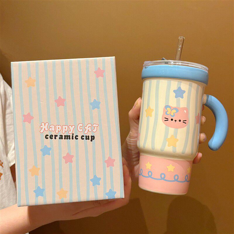 高颜值情侣马克杯带盖吸管杯高颜值陶瓷杯子女水杯大容量家用礼物