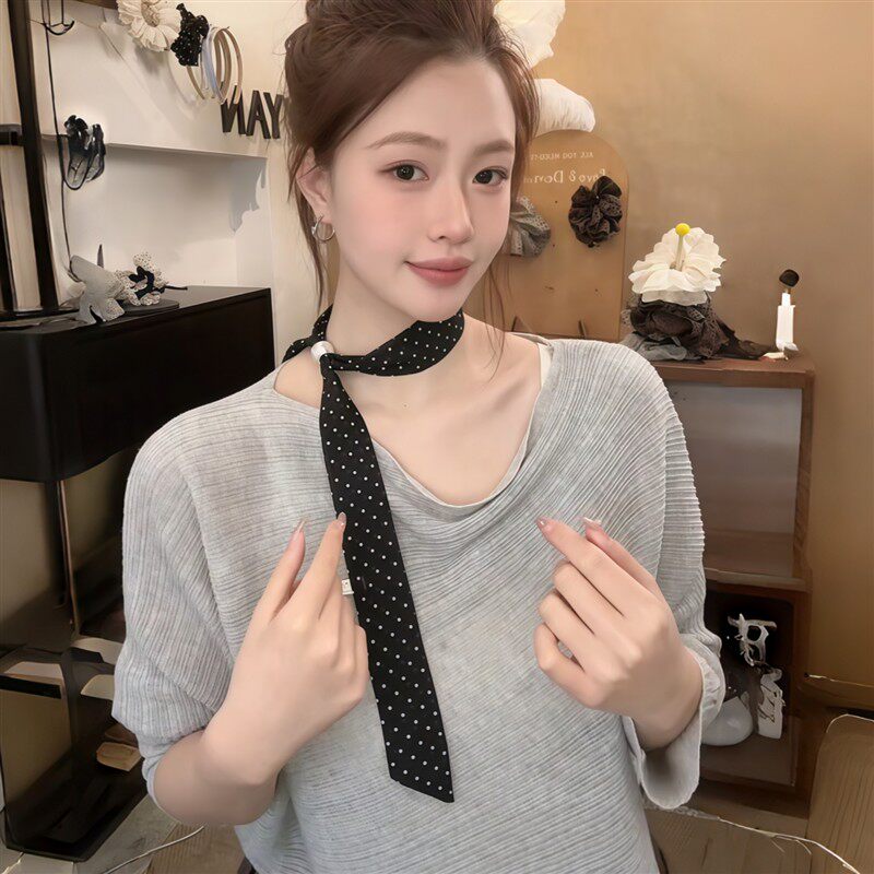 韩系复古黑色波点长条飘带丝巾