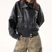 百搭ins女士秋季 夹克机车服设计感外套宽松无性别短外套落肩皮衣