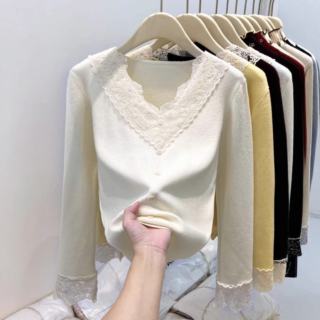 蕾丝拼接v领针织打底衫女