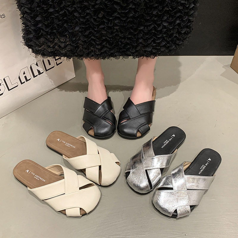 韩版包头编织半拖鞋女夏外穿2025新款法式复古仙女风休闲平底凉
