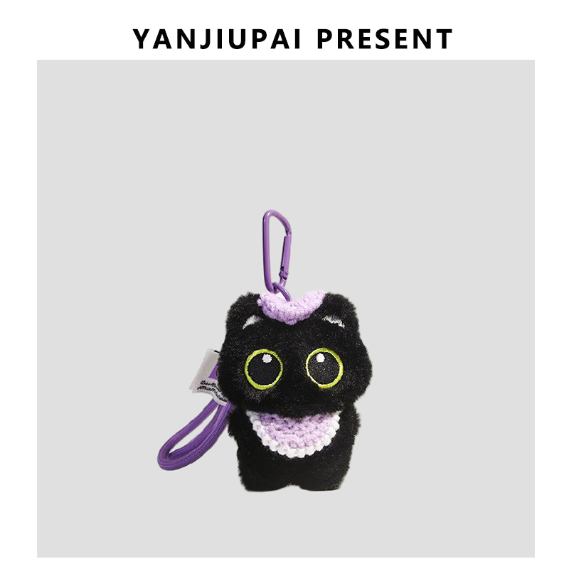 吱吱叫小黑猫超萌卡通毛绒书包包挂件多巴胺围兜挂饰钥匙扣潮