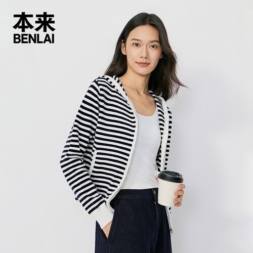 本来BENLAI女士条纹拉链连帽针织开衫外套2026秋季新款BNT960019