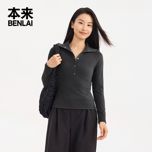 本来BENLAI女士翻领插肩袖T恤修身打底衫上衣26秋季新款BNT460034