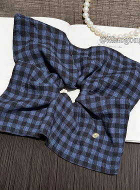 韩系蓝色格纹方巾大肠发圈女2025新款高级感头绳扎头发皮筋发饰