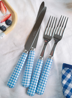 法国Sabre Paris深蓝色格子网红ins风西餐具高颜值牛排刀叉套装勺