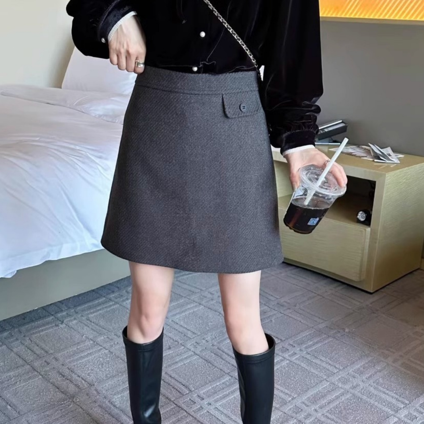 2025秋冬加厚深灰色毛呢半身裙女