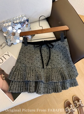 自留爆款灰色爱心波点百褶半身裙女大码胖mm秋冬加厚a字蛋糕短裙