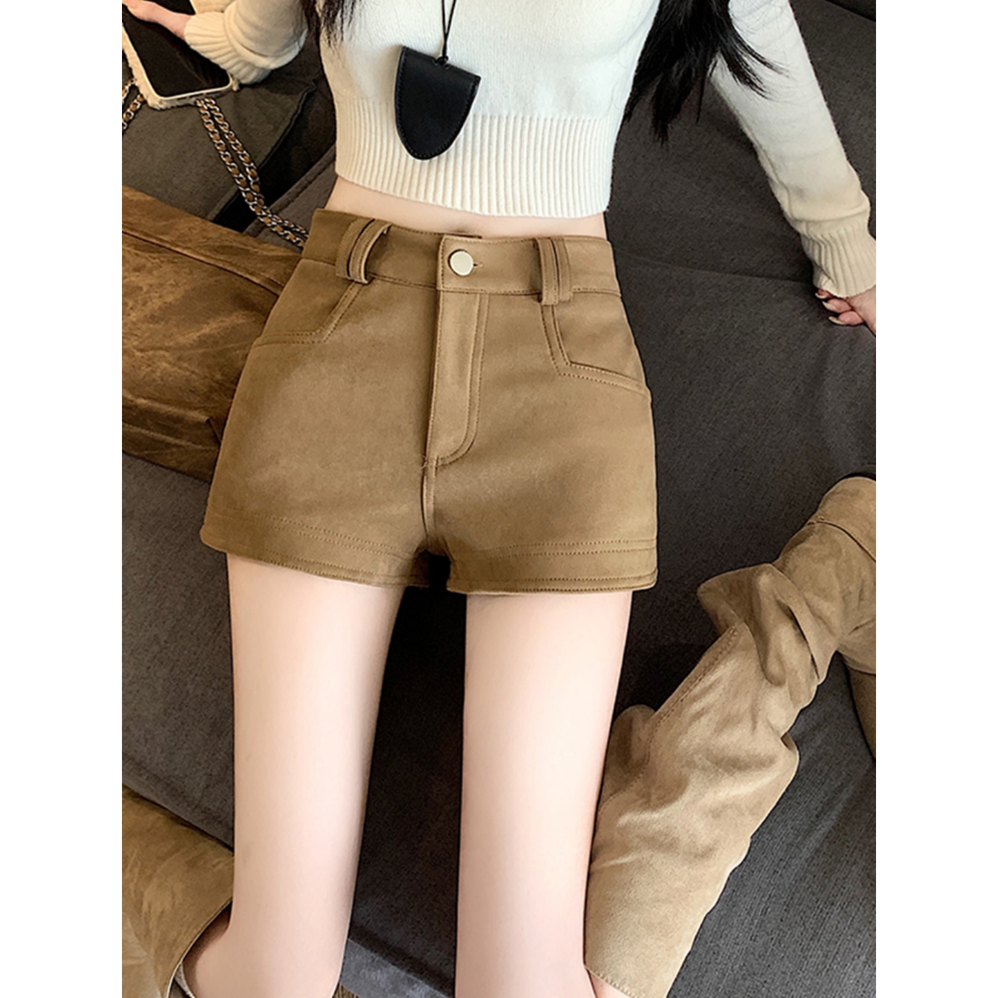 仿鹿皮绒短裤女秋冬季外穿皮裤子大码胖mm高腰紧身打底裤热裤靴裤