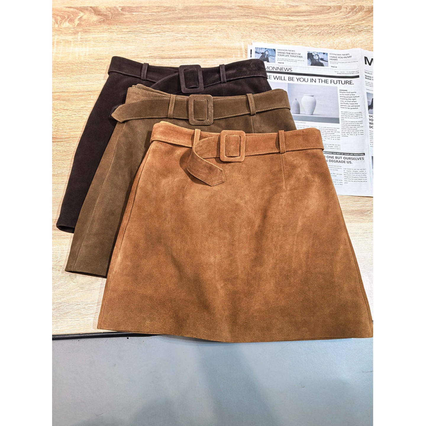 胖妹妹a字半身裙女麂皮绒短裙