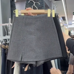 微胖mm灰色百搭毛呢短裙裤 加厚高腰设计显瘦宽松半身裙子 春秋新款