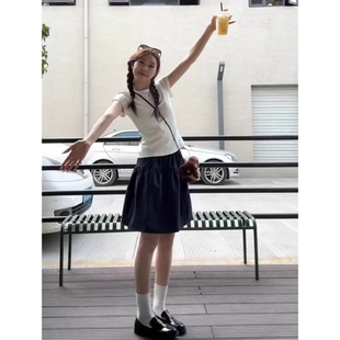百搭高腰半身裙ins潮 大码 学院风藏青色A字短裙女夏季 新款 盐系时尚