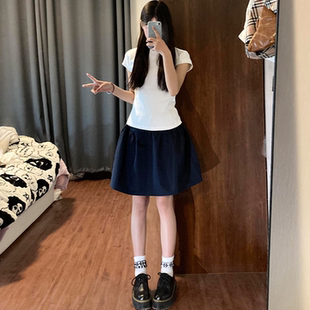 薄款 微胖mm日系藏青色半身裙女夏季 高腰显瘦a字短裙小个子五分裙