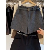 短款 阔腿高腰靴裤 小个子A字修身 胖mm秋冬毛呢短裤 显瘦设计感厚款
