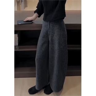 高腰显瘦休闲弯刀九分裤 韩系复古毛呢格子阔腿裤 女胖妹妹秋冬新款