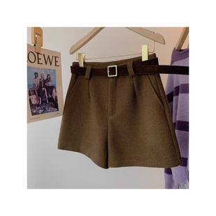 微胖mm咖色高腰宽松显瘦阔腿休闲a字毛呢短裤女秋冬新款打底外穿