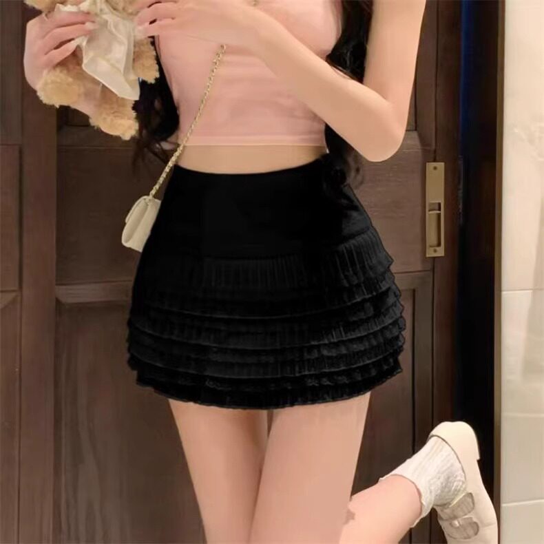 2026春季韩系黑色蕾丝花边蛋糕裙女A字短款半身裙自带安全裤裙子