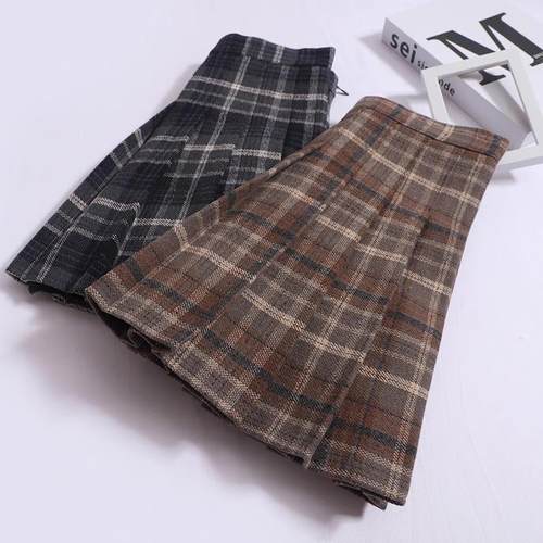 毛呢短裙学院风复古格子半身裙