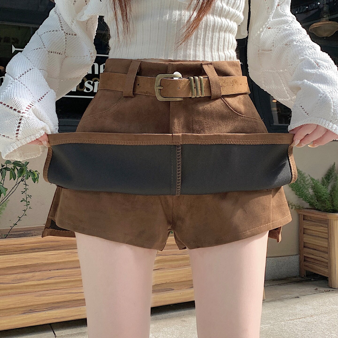 大码胖MM棕色鹿皮绒半身裙女秋冬外穿侧开叉a字靴裤阔腿短裤裙子