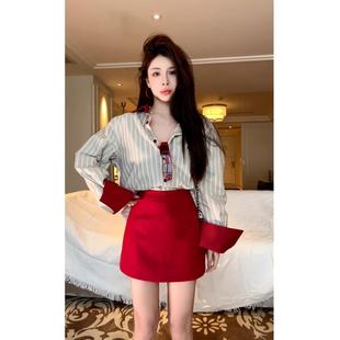 高腰毛呢A字裙大码复古红色半身裙胖mm秋季显瘦防走光包臀短裙女