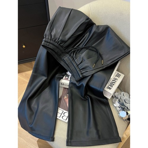 胖mm压褶设计感皮裤女绑带休闲裤