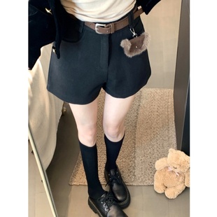 微胖mm秋冬新款直筒休闲外穿打底靴裤高腰A字裤咖色毛呢裤短裤女