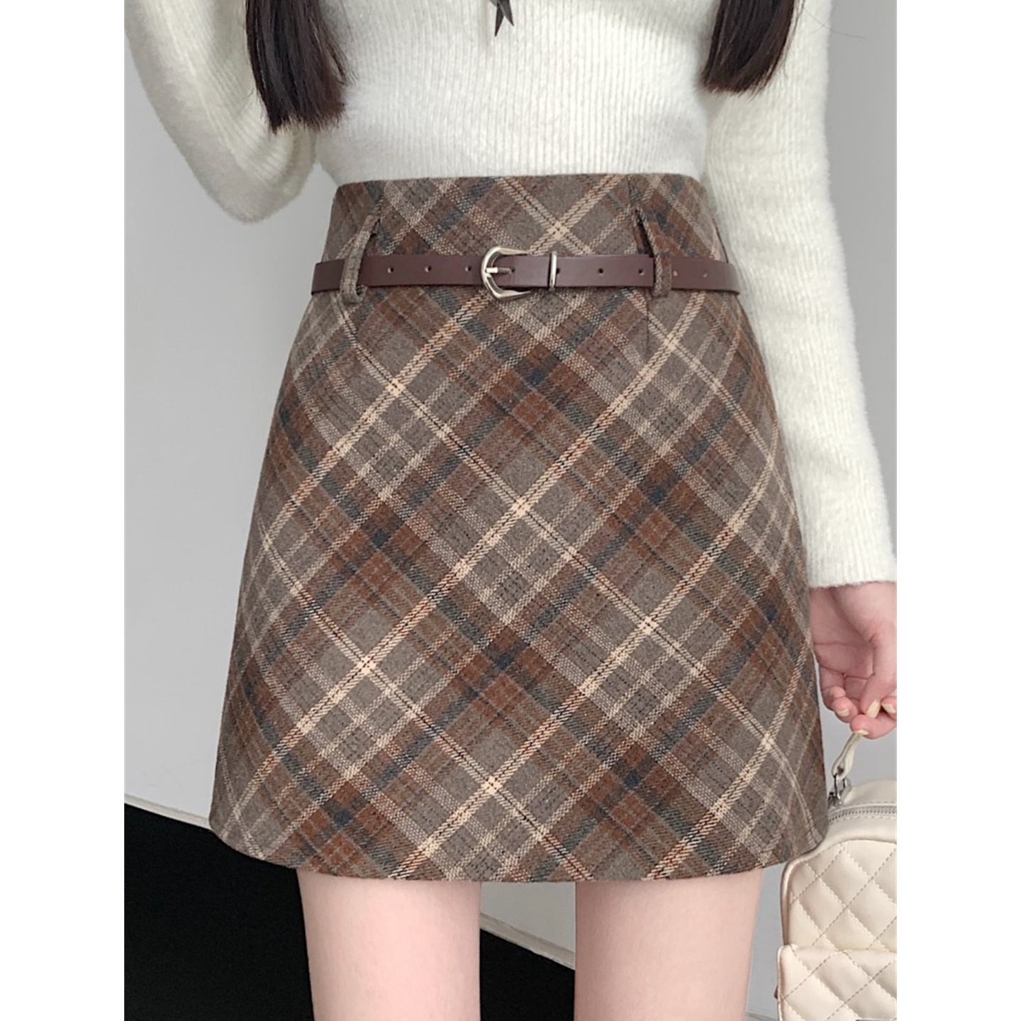大码秋冬复古毛呢格子半身裙女