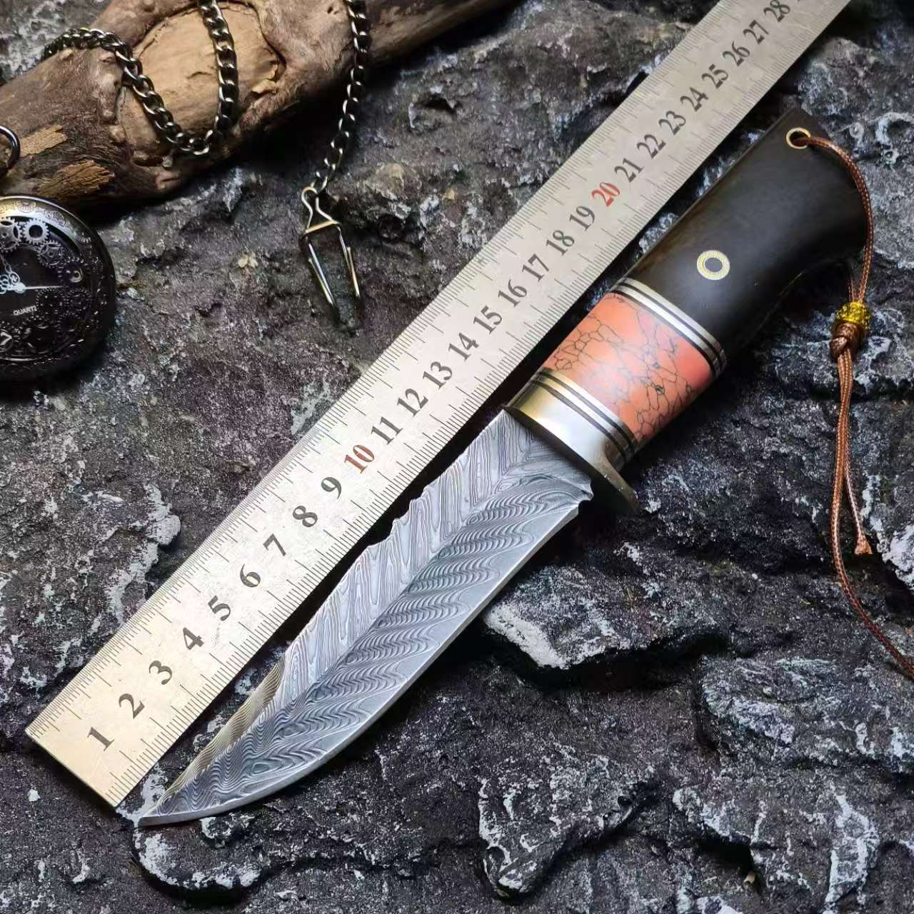 大马士革钢户外小直刀高硬度锋利野外露营登山求生多功能吃肉小刀