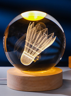 发光内雕水晶球小夜灯实木底座