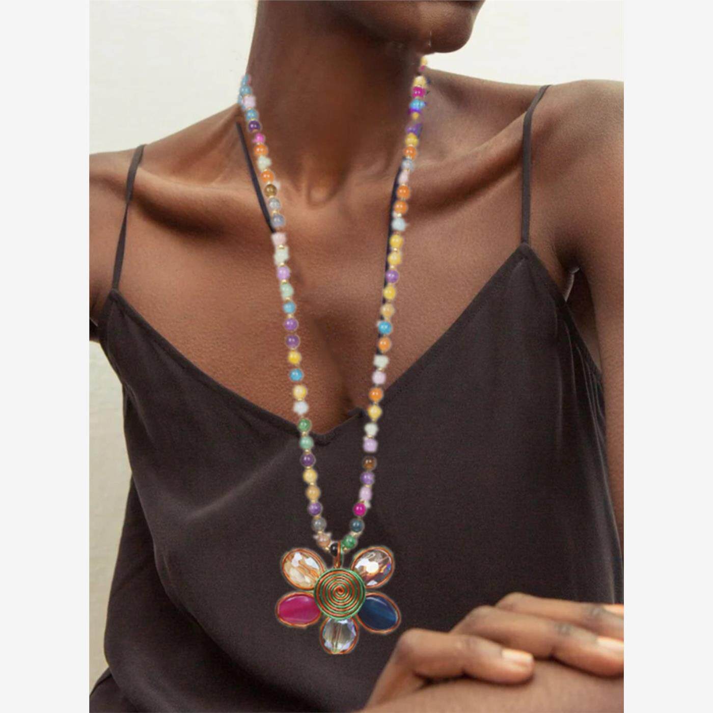 Necklace women玻璃珠长款流苏毛衣炼花朵吊坠休闲覆古项炼饰品