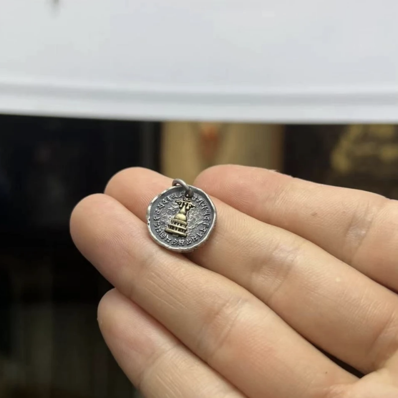 S925纯银藏族吉祥多门塔吊坠卡子侧挂文玩噶当塔佛塔吊牌侧挂吊饰