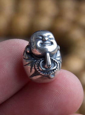 原创S925纯银三通小弥勒佛祷告佛头三通文玩佛珠隔珠手串佛塔配饰