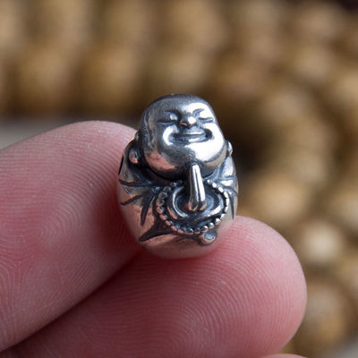 原创S925纯银三通小弥勒佛祷告佛头三通文玩佛珠隔珠手串佛塔配饰