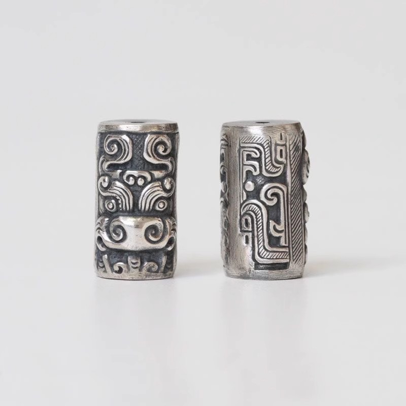 S925纯银半手工饕餮兽面纹桶珠 龙纹管珠隔珠银配件配饰手串散珠