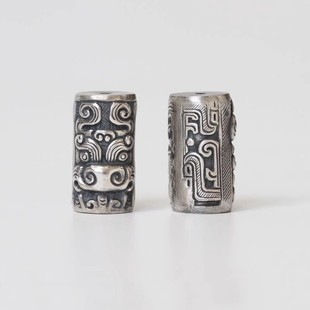 S925纯银半手工饕餮兽面纹桶珠 龙纹管珠隔珠银配件配饰手串散珠