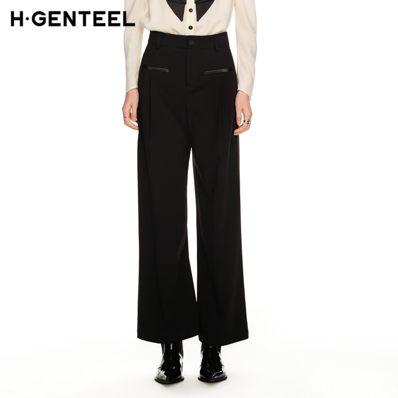 H·GENTEEL荷高新款春装女装饰皮质口袋宽松舒适休闲裤,女装/女士精品,休闲裤,淘宝优惠券,粉丝福利购,淘宝优惠卷