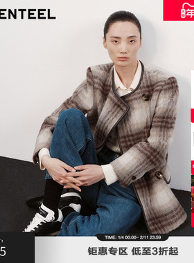 H·GENTEEL荷高新款冬复古格纹微垫肩宽松毛呢外套GUE45500783