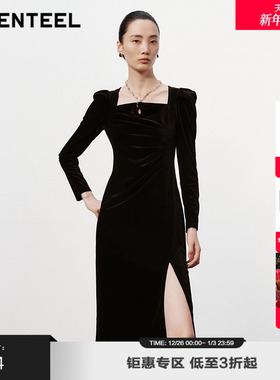 H·GENTEEL荷高新款冬装女链饰挂脖方领丝绒连衣裙GUE43750801