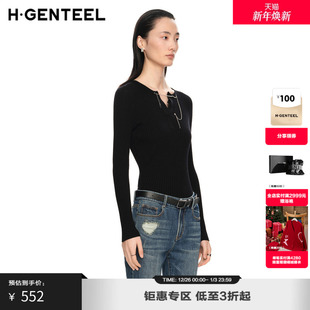 女 女领口蕾丝拼接链条打底针织衫 H·GENTEEL荷高新款 春装